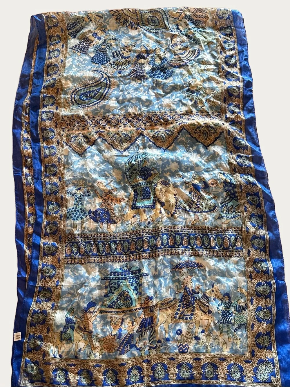 Bohemian Elephant Earthy Blue Silk Scarf with Girl